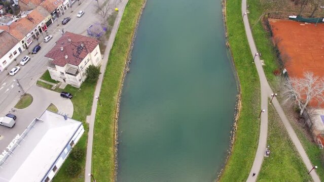 Aerial view of a lake in town of Zrenjanin, Serbia with dramatic sky