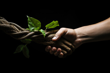 Man and Green Nature Handshake on Black, Green Deal Concept - obrazy, fototapety, plakaty
