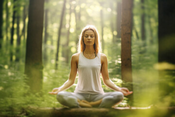 Woman in Lotus Position Meditating in Nature in Sun Beams Between Forest Trees