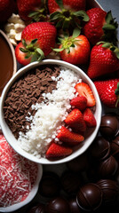  A delectable mix of strawberries, chocolate shavings, and coconut flakes, set for a delicious dessert concoction.