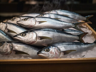 Obraz premium Fresh mackerel neatly laid out on ice in a supermarket, grocery store or market. A fish with shiny silvery sides and clearly visible black lines on the back