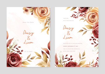 Beige and red rose modern wedding invitation template with floral and flower