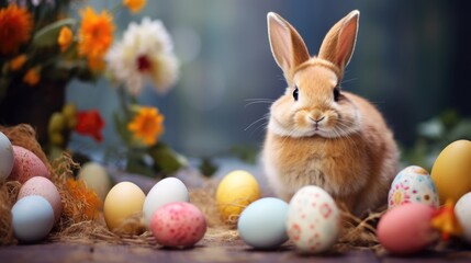 Lovely bunny easter baby rabbit with a basket full of colorful easter eggs