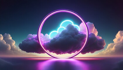 Abstract cloud illuminated with neon light ring on dark night sky.	
