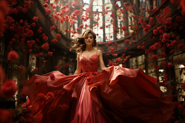 A beautiful young girl in a red ball gown dancing among roses in the palace garden.