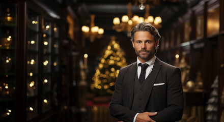 A respectable man in a business suit on a blurred classic interior background. Design template with an empty space for your text.