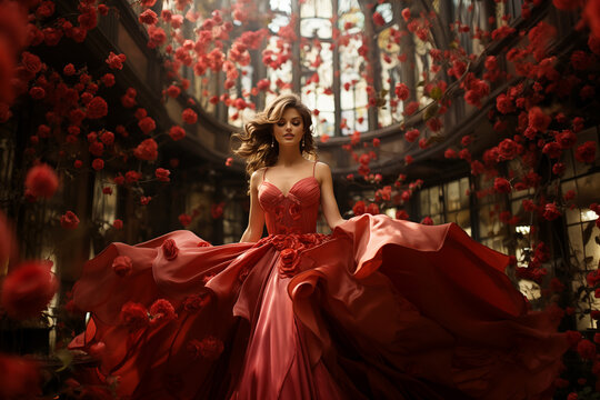 A beautiful young girl in a red ball gown dancing among roses in the palace garden.