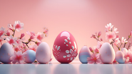 Fototapeta premium Easter banner or cover for a website in soft nude tones depicting Easter eggs and flowers with space for text
