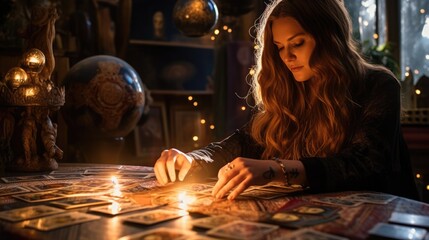 A woman tarot reader makes a tarot card spread - obrazy, fototapety, plakaty