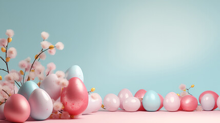 Fototapeta na wymiar Easter banner or cover for a website in soft nude tones depicting Easter eggs and flowers with space for text