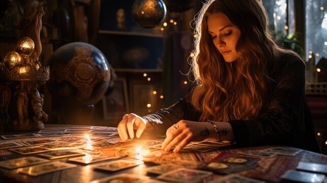A woman tarot reader makes a tarot card spread