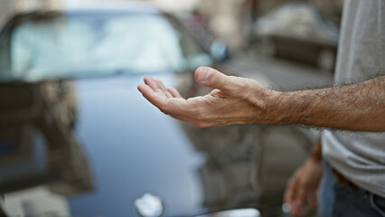 Young hispanic man standing by car with hand open at street