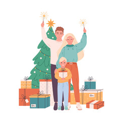 Family with child celebrating Christmas or New Year. Christmas tree with presents. Vector illustration in flat style 