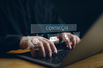 Contact us or Customer support hotline, people connect. Businessman show on virtual screen contact...