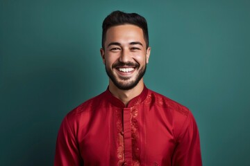 beautiful Young arab man smiling, wearing cheongsam, one color background, copy space, generative ai