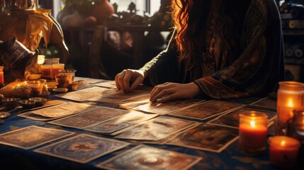 A woman tarot reader makes a tarot card spread
