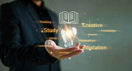 E-learning graduate certificate program concept. Man holding lightbulb showing education icon,...