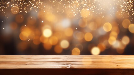 Empty wooden table in foreground, blurred golden bokeh background