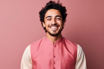 Fototapeta na wymiar beautiful Young arab man smiling, wearing cheongsam, one color background, copy space, generative ai