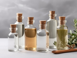 Template of small glass bottles of essential oil of herbs. Still life of natural herbalist medicine product. Mockup for spa and healing center. Wellness and healthy concept with copy space 