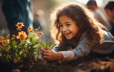 Happy girl is planting flower in the garden - Powered by Adobe