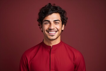 Fototapeta na wymiar beautiful Young arab man smiling, wearing cheongsam, one color background, copy space, generative ai