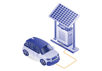 Electric car charging with solar panel energy concept illustration