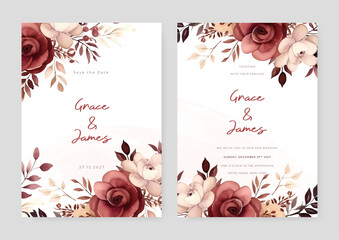 Red and beige rose and peony floral wedding invitation card template set with flowers frame decoration