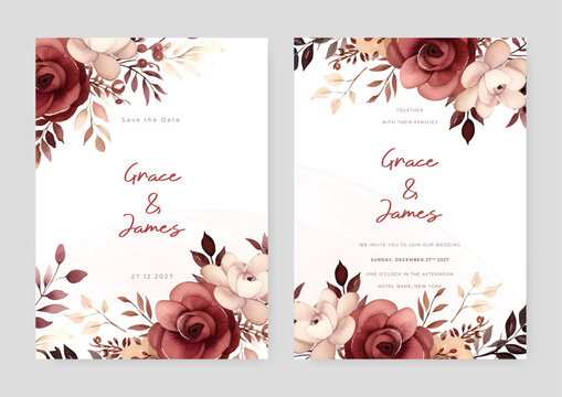 Red and beige rose and peony floral wedding invitation card template set with flowers frame decoration