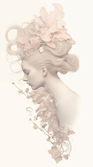 Illustration of a dreamy, ethereal blonde woman. Sensitive, pure femininity, emotional horizontal poster. Sculpture of female skin care and naked shoulder. Isolated on a blank background, copy space.