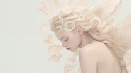 portrait of dreamy blonde woman. Sensitive, pure femininity, emotional horizontal poster; promotion on the concept of female skincare and naked shoulder. isolated on blank background, copy space