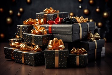 Fototapeta na wymiar Realistic black Christmas gifts adorned with gold ribbons for a Black Friday sale