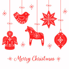 Merry Christmas card with scandinavian decoration Christmas toys,bird,angel and ect. with congratulations red and white colors. Vector flat illustration.  - obrazy, fototapety, plakaty