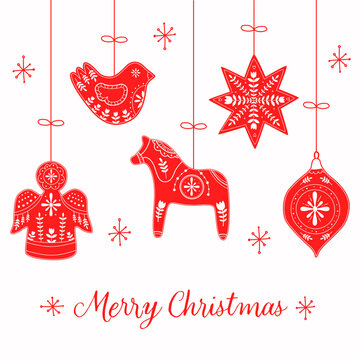 Merry Christmas card with scandinavian decoration Christmas toys,bird,angel and ect. with congratulations red and white colors. Vector flat illustration. 