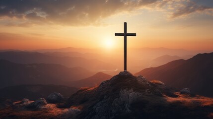 Silhouette Christian cross on mountain in sunrise background
