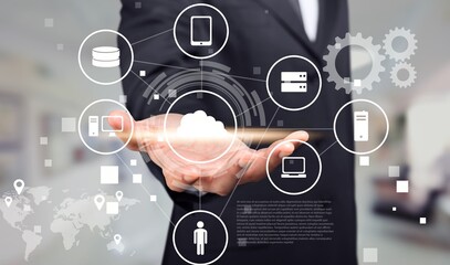 Database cloud technology data transfer concept in businessman hands