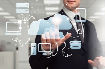 Database cloud technology data transfer concept in businessman hands