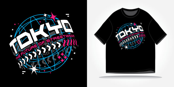 Tokyo japan streetwear tshirt slogan typography y2k, futuristic, future, cyberpunk, retrofuturism. Vector logo icon design illustration. Poster, background, clothing, sticker, badge, quote t-shirt