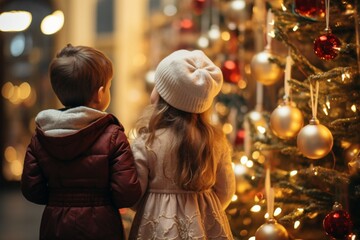 Rear view of little kids captivated by a Christmas decorated store shop window