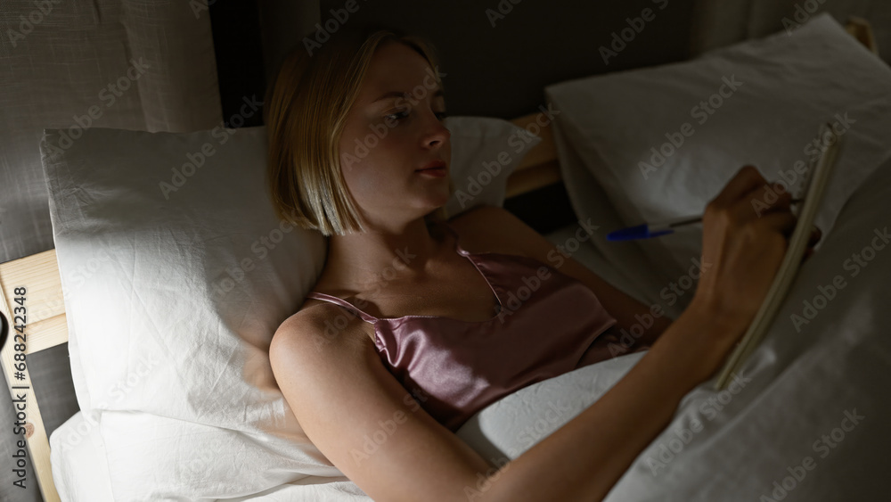 Sticker Young blonde woman writing on notebook lying on bed at bedroom