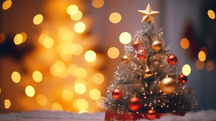 Christmas and New Year's Eve holiday background. Christmas tree with decorations, gifts. with bokeh background with blurred yellow lights and shining stars.