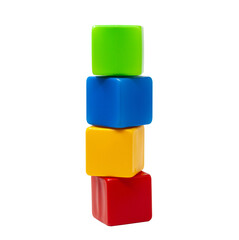 Multicolored plastic cubes for children's games. Yellow and blue and green cubes stand on top of red cubes. Cubes with turrets. One on one. High quality photo.