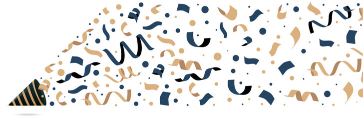 Explosion de confettis pour la fête - Illustration festive pour un événement joyeux - Vecteur éditable présentant des éléments pour les fêtes - Bleu et beige - Rond et rubans qui s'envolent  - obrazy, fototapety, plakaty