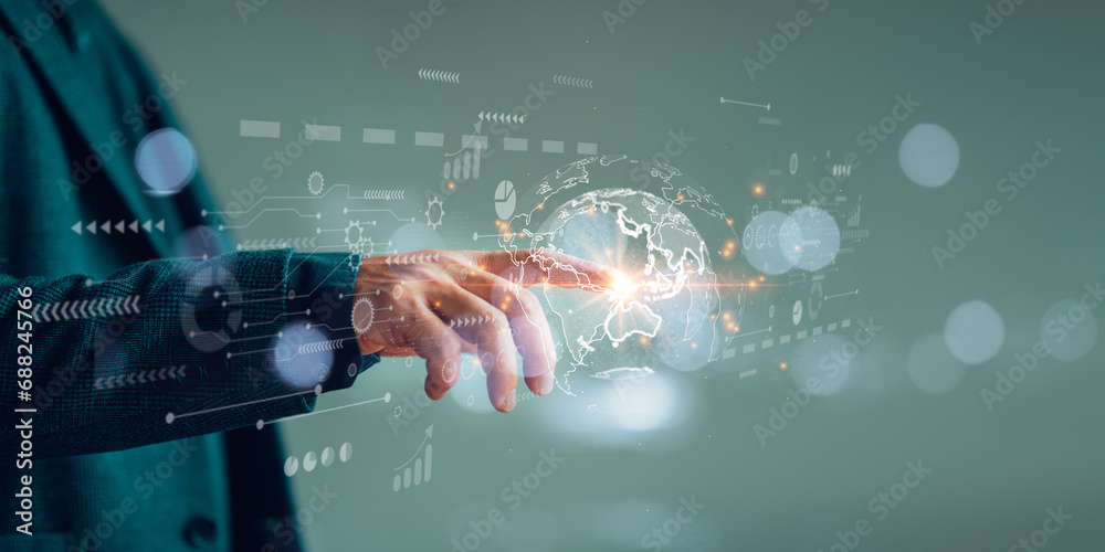 Poster hand touching on global internet connection. business global internet connection application technol