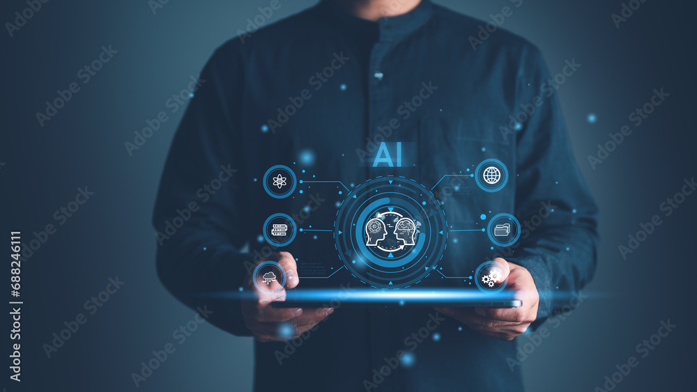 Aufkleber chat with ai, artificial intelligence. man using technology smart robot ai, artificial intelligence 