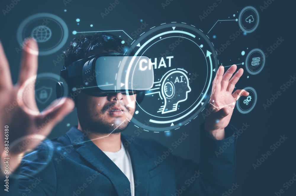 Poster chatbot man wearing vr glasses virtual global internet connect, chat with ai, artificial intelligenc