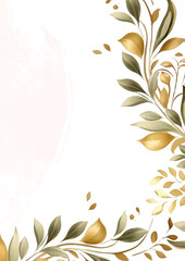 Green and gold vector frame with foliage pattern background with flora and flower