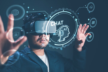 Chatbot Man wearing VR glasses virtual Global Internet connect, Chat with AI, Artificial...