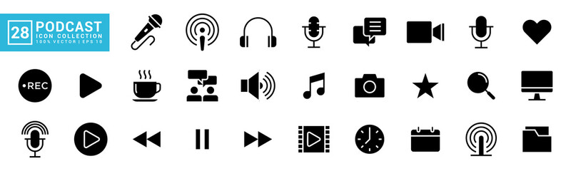 Collection of podcast icon, podcasting, radio, microphone, audio, record, news, video, vector template editable and resizable EPS 10