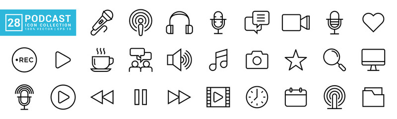 Collection of podcast icon, podcasting, radio, microphone, audio, record, news, video, vector template editable and resizable EPS 10